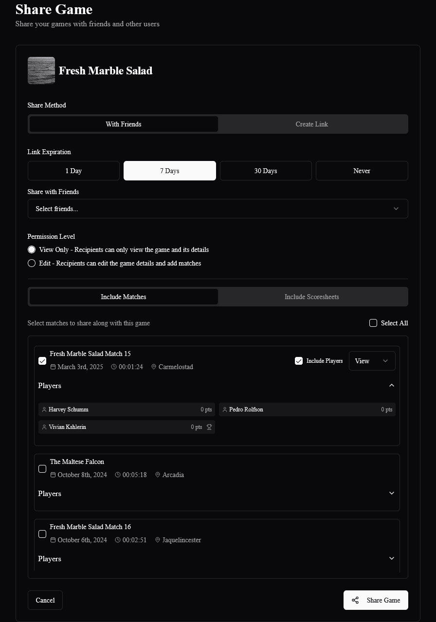Share Game Interface Dark Mode