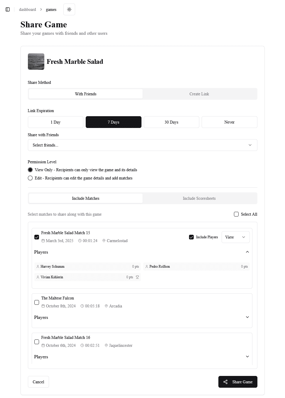 Share Game Interface Light Mode